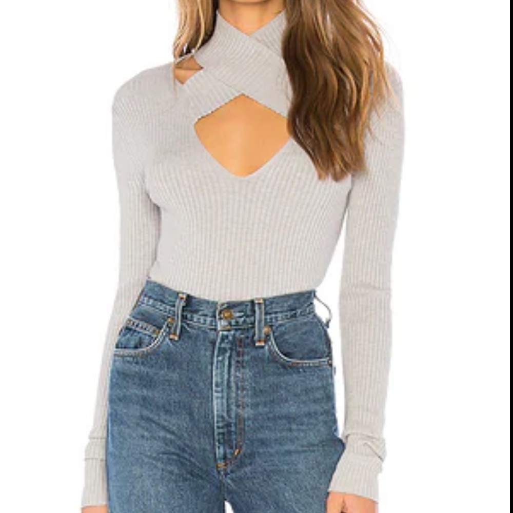 Revolve Bailey 44 All In Sweater Light Gray Ribbed Cutout Top